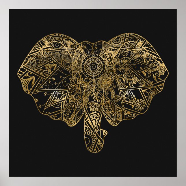 Poster Eléphant mignon dessiné à la main Fleur de henné (Devant)