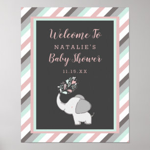 Poster Eléphant mignon en rose et Baby shower de menthe B