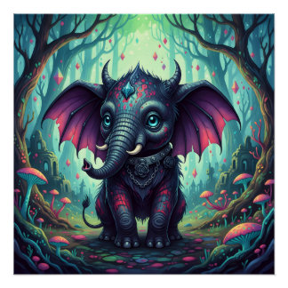 Poster Elephant mystique ailé dans la forêt enchantée