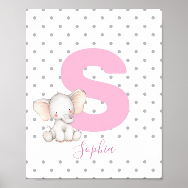 Poster Elephant Nom personnalisé Nursery Girl Baby (Devant)