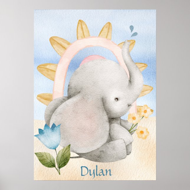 Poster Eléphant Personnalisé, Bébé Animaux, Boho, Arc-en- (Devant)