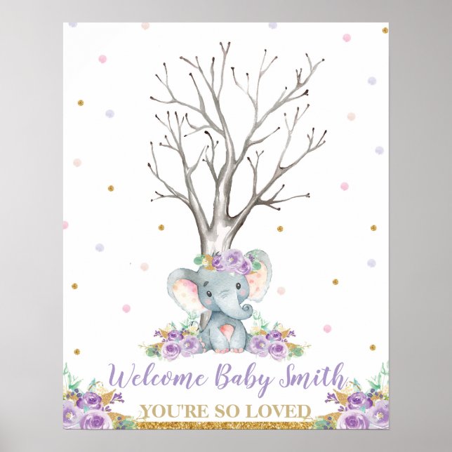Poster Elephant Purple Girl Baby shower empreintes miniat (Devant)