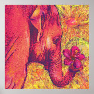 Poster éléphant rose avec hibiscus