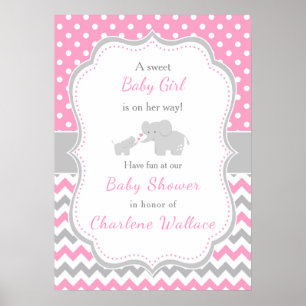 Poster Eléphant rose et gris Baby shower
