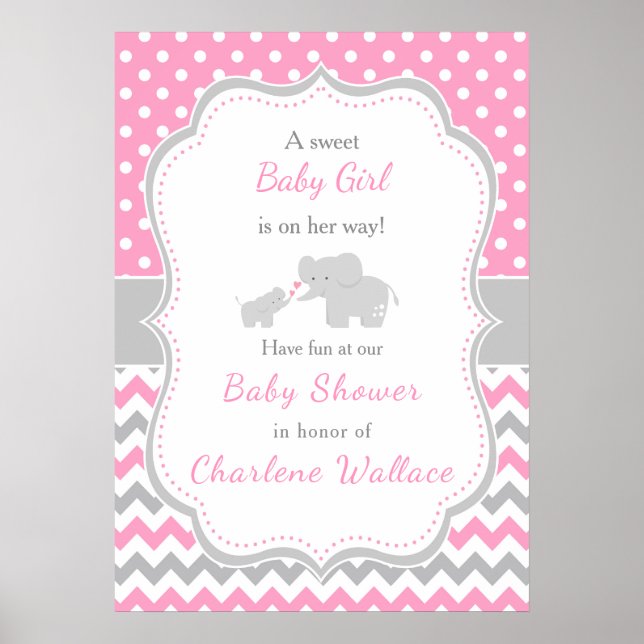 Poster Eléphant rose et gris Baby shower (Devant)