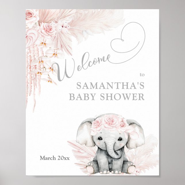 Poster Elephant rose Fleur Boho Baby shower accueil Mouss (Devant)