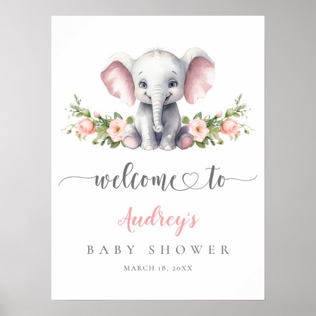 Poster Elephant rose Floral Baby Girl Douche Bienvenue (Devant)