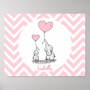 Poster Éléphant Rose Pastel Personnalisé Bébé Fille