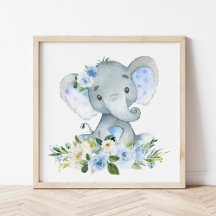 Éléphant, Safari, Fleurs Bleues, Garçon Chambre de