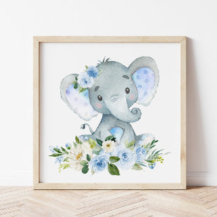 Poster Elephant, Safari, Fleurs Bleues, Garçon Nursery