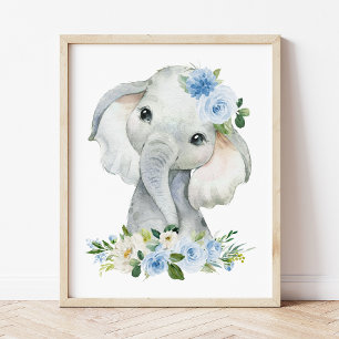 Poster Elephant, Safari, Fleurs Bleues, Garçon Nursery