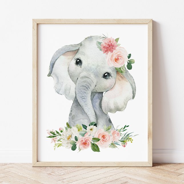 Poster Elephant, Safari, Fleurs roses, Pépinière (Créateur téléchargé)