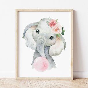 Poster Elephant, Safari, gomme à bulles roses, infirmière