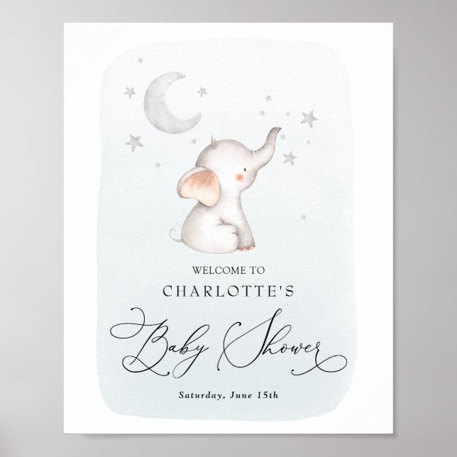 Poster Elephant Stars Lune Dusty Blue Boy Baby shower (Devant)