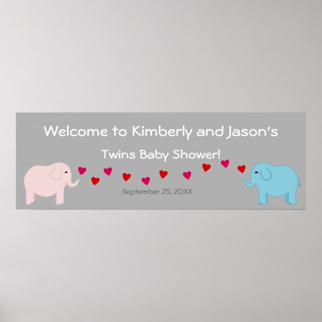 Poster Elephant thème Twin Boy & Girl Baby shower bannièr (Devant)