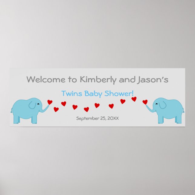 Poster Elephant Thème Twin Boys Baby shower Bannière (Devant)