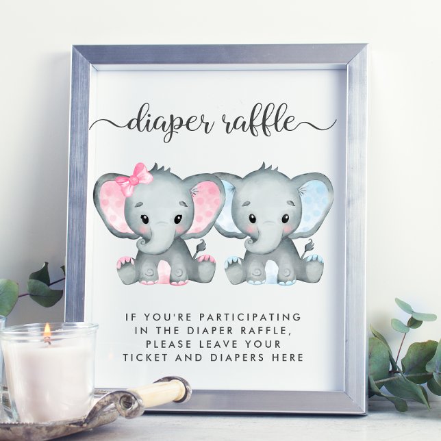 Poster Eléphant Twin Girl Baby shower de couches Raffle (Créateur téléchargé)