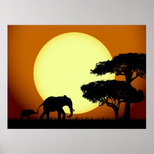 Poster Eléphants au coucher du soleil