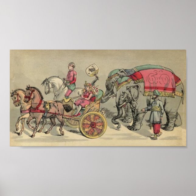 Poster Éléphants de cirque et chevaux (Devant)