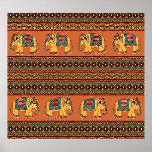Poster Eléphants Indiens, Orange Traditionnel Sans Seamle