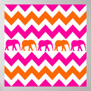 Poster Eléphants roses chauds et orange Chevron Stripes