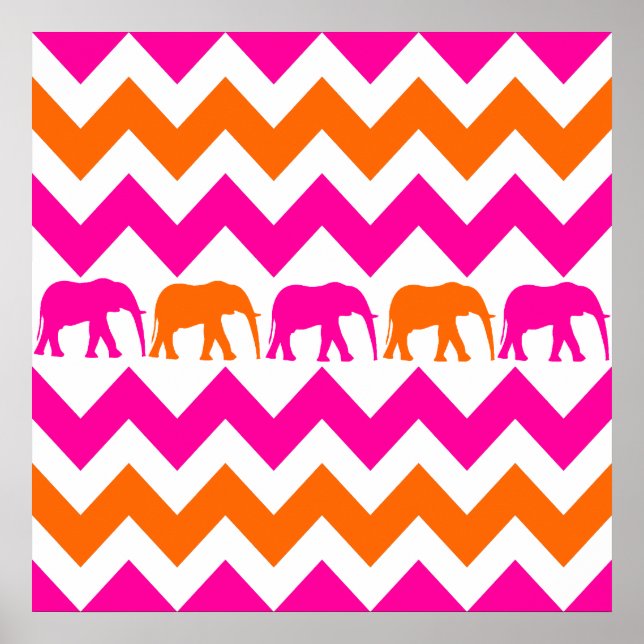 Poster Eléphants roses chauds et orange Chevron Stripes (Devant)