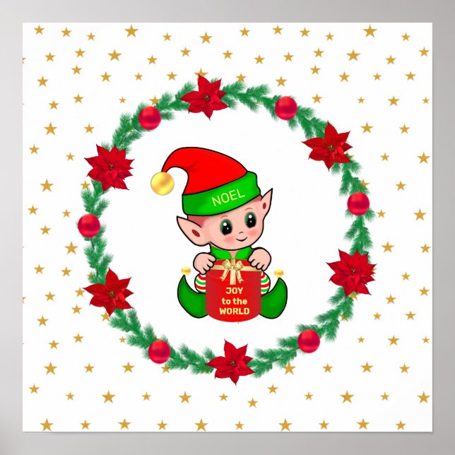 Poster elfe de Noël, couronne de pin, poinsettias & étoil (Devant)