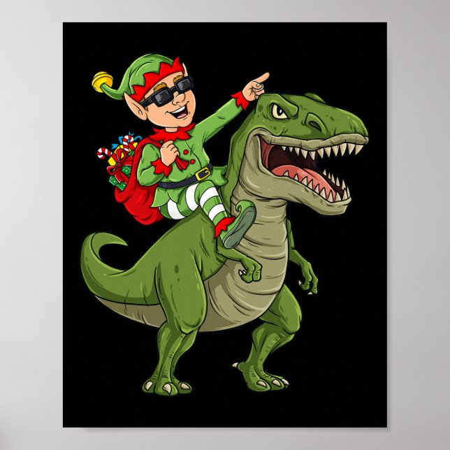 Poster Elfe de Noël équitation Dinosaur T Rex Garçons Enf (Devant)