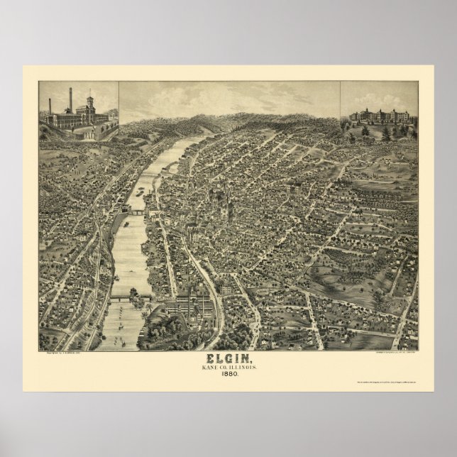 Poster Elgin, IL Carte panoramique - 1880 (Devant)