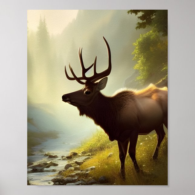 Poster Elk By A Forest Stream Art numérique Imprimer (Devant)
