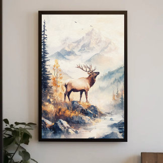Poster Elk dans le paysage de la forêt de montagne Nature