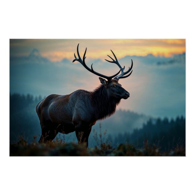 Poster Elk sur une crête à Dawn (Devant)