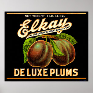 Poster Elkay Deluxe Plums étiquette des années 1930