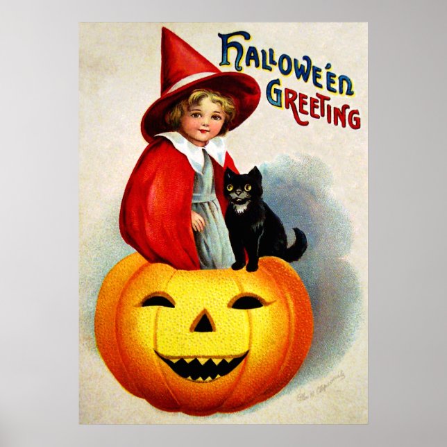 Poster Ellen H. Clapsaddle : Sorcière à Jack O'Lantern (Devant)
