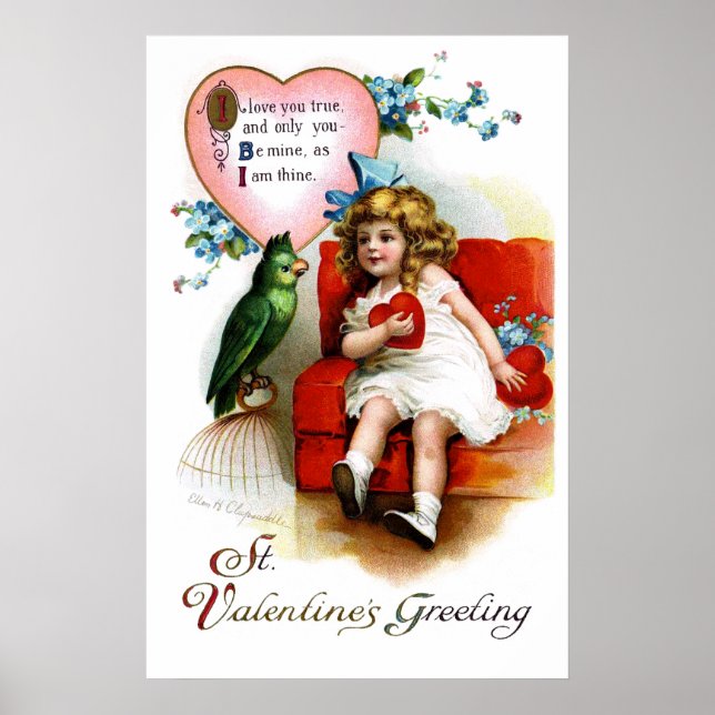 Poster Ellen H. Clapsaddle : Valentine Girl with Parrot (Devant)