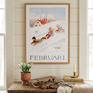 Poster Elsa Beskow vintage Février Traîneau Nursery