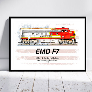 Poster EMD F7 Santa Fe Warbonnet avec drapeau américain.