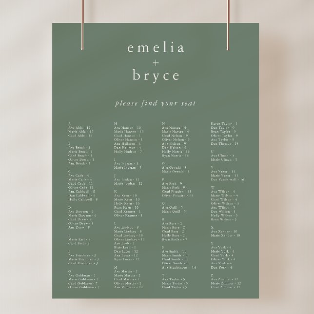Poster EMELIA Sage Moderne Mariage   Modèle (EMELIA Sage Modern Wedding Seating Chart Template)