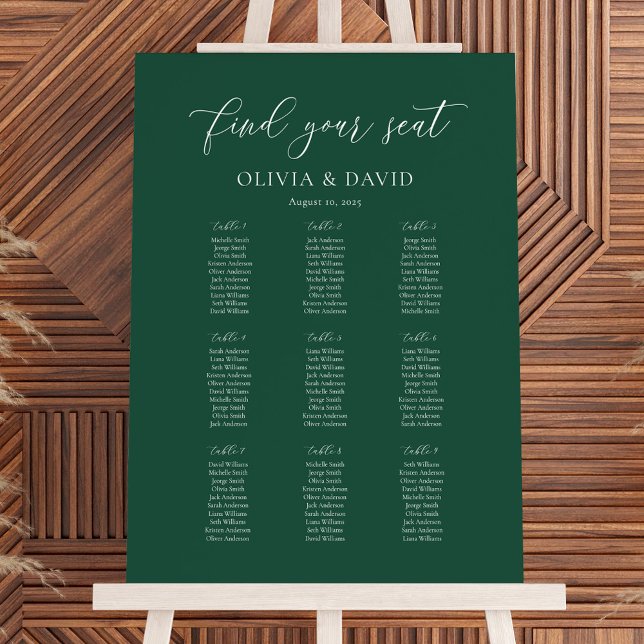 Poster Emerald Elegant Script 9 table Seating Chart (Créateur téléchargé)