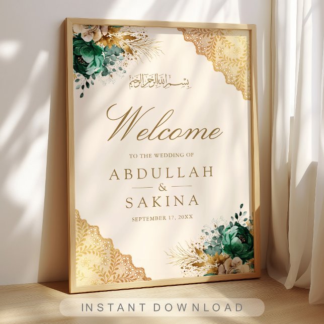 Poster Emerald Floral Gold Muslim Wedding Welcome (Créateur téléchargé)