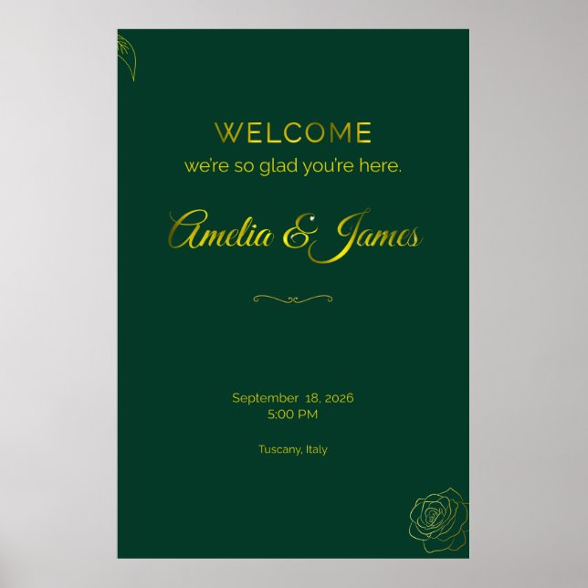 Poster Emerald Green and Gold Leaf Wedding Welcome Sign (Devant)