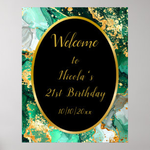 Poster Emerald Green et Gold Marble Agate Anniversaire