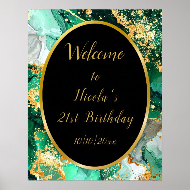 Poster Emerald Green et Gold Marble Agate Anniversaire (Devant)