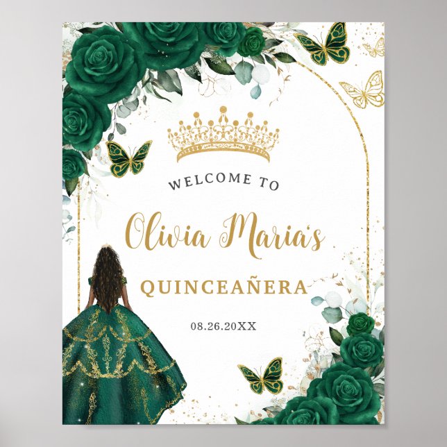 Poster Emerald Green Floral Princess Quinceañera Bienvenu (Devant)