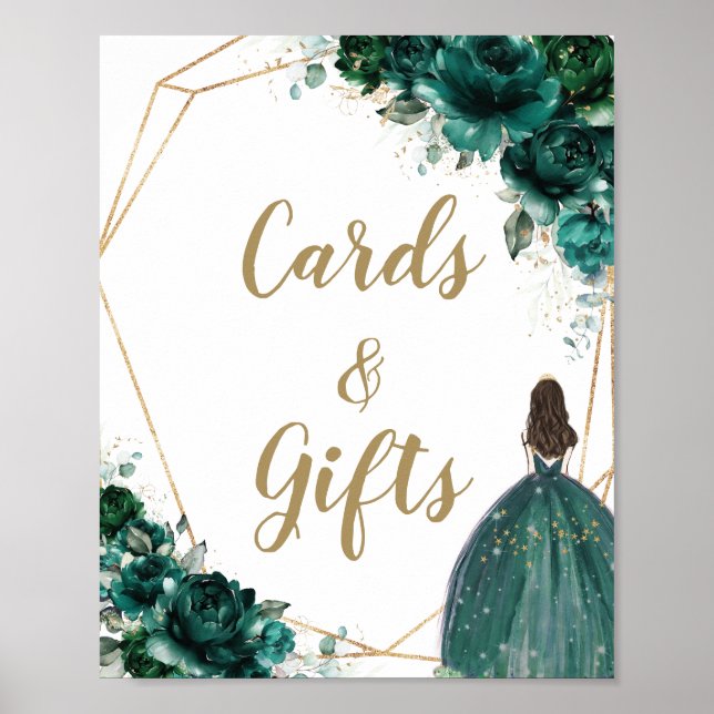 Poster Emerald Green Floral Quinceañera Cartes et cadeaux (Devant)