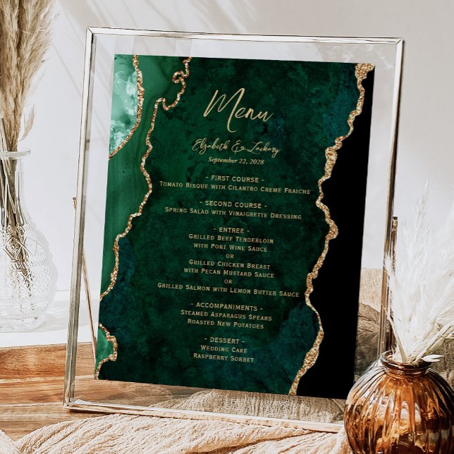 Poster Emerald Green Gold Agate Mariage Menu Table (Créateur téléchargé)
