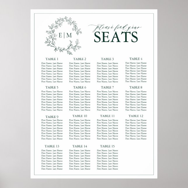 Poster Emerald Green Leafy Crest Monogram Mariage (Devant)