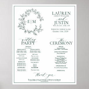 Poster Emerald Green Leafy Crest Monogramme Programme de 
