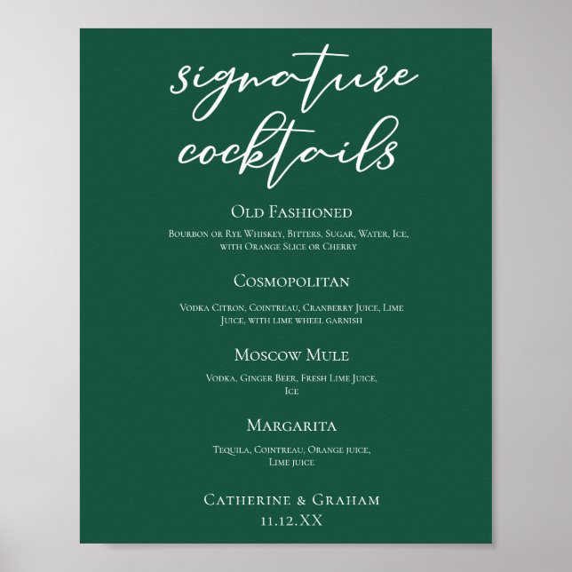 Poster Emerald Green Mariage Signature Cocktails Bar Menu (Devant)