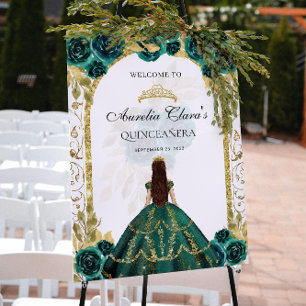 Poster Emerald Green Princess Floral Quinceañera Annivers
